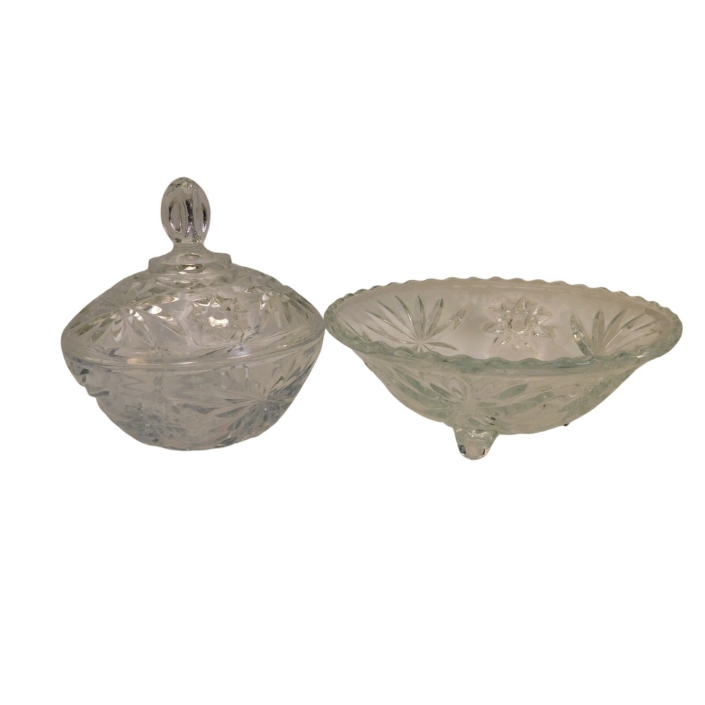 Anchor Hocking Clear Star of David Pressed Glass Candy Dish and 3 Toed Bowl HG6